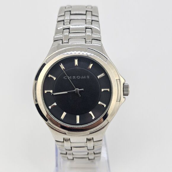 Chrome Men's Watch 42MM Black Dial Gray Case Bracelet Band 7.5" New Battery - Picture 1 of 13